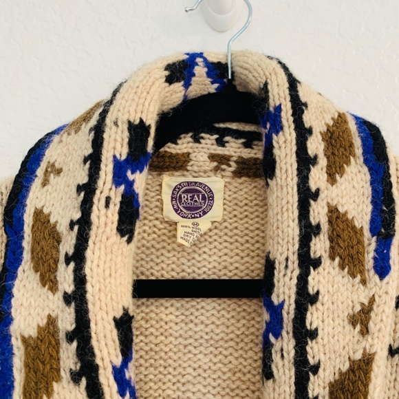 Saks Fifth Avenue Cardigan Womens M Tan Aztec Geometric Shetland Wool Sweater - Picture 2 of 12